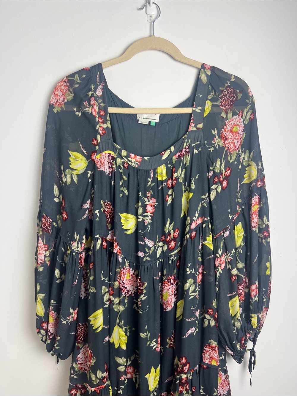 Anthropologie Size 2X Dark Gray Evelin‎ Green Floral Boho Tiered Maxi Dress - Picture 4 of 13